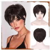 Sofeiyan Pixie-Cut-Perücke Braun, 23 cm Kunsthaar, Hitzebeständig, Mit Pony