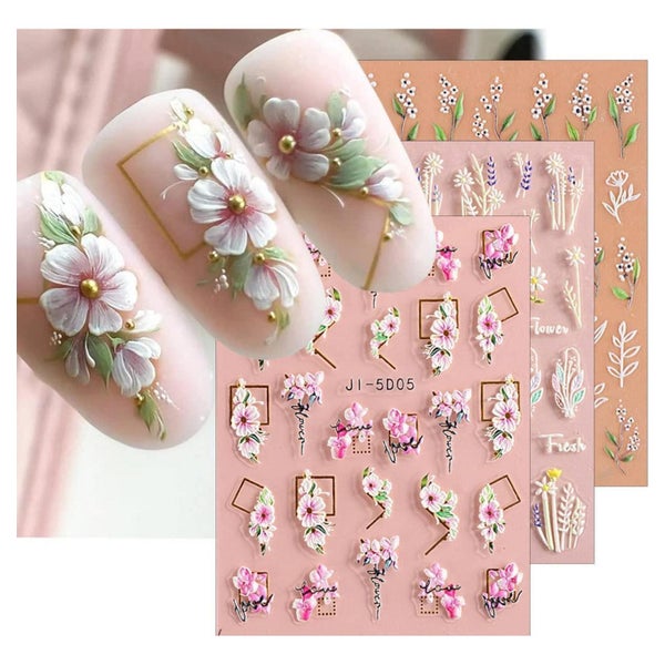 Nagelsticker 3D Blumen und Blätter selbstklebend 4 Blatt für 1 St