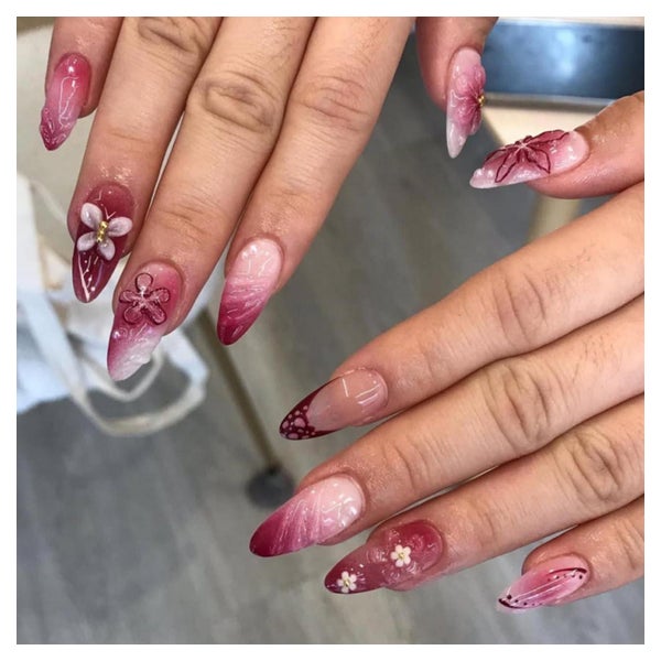 Fingernägel Kurz Almond Rosa French 3D Blumen Perle Strass Y 1 St