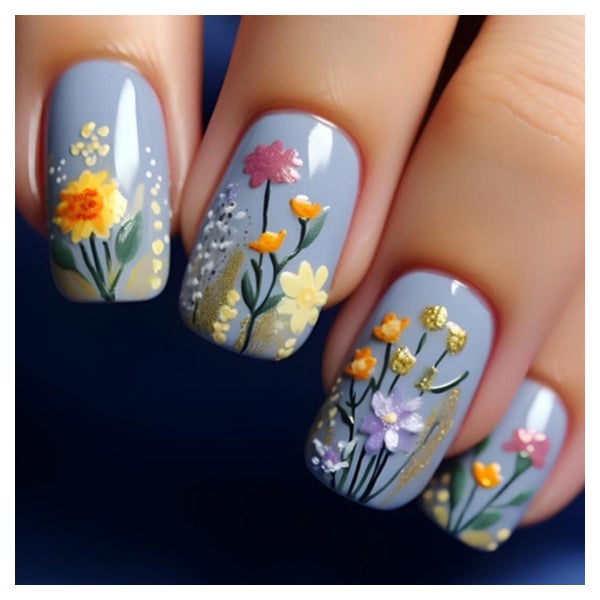 Nägel Press On Kurz Eckig Blumen Pailletten Acryl Blau 1 St
