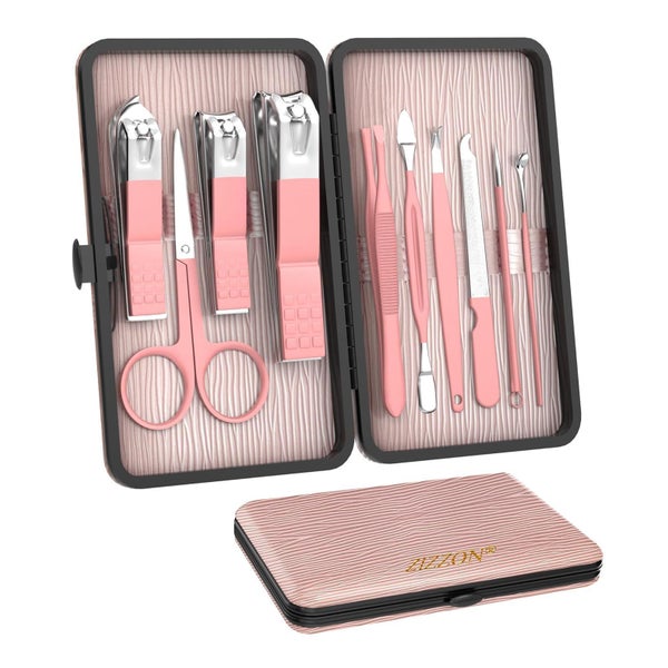 ZIZZON 10-in-1 Edelstahl Maniküre- & Pediküre-Set mit Reiseetui, Rosa