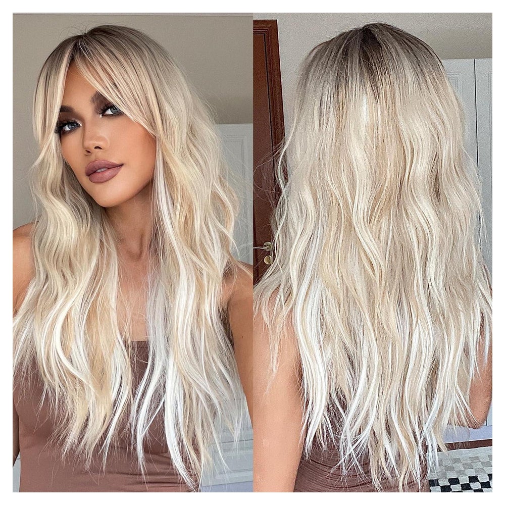 Perücke blond lang lockig Pony dunkle Wurzeln Kunsthaar Plat 1 St