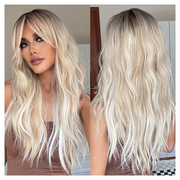 Perücke blond lang lockig Pony dunkle Wurzeln Kunsthaar Plat 1 St