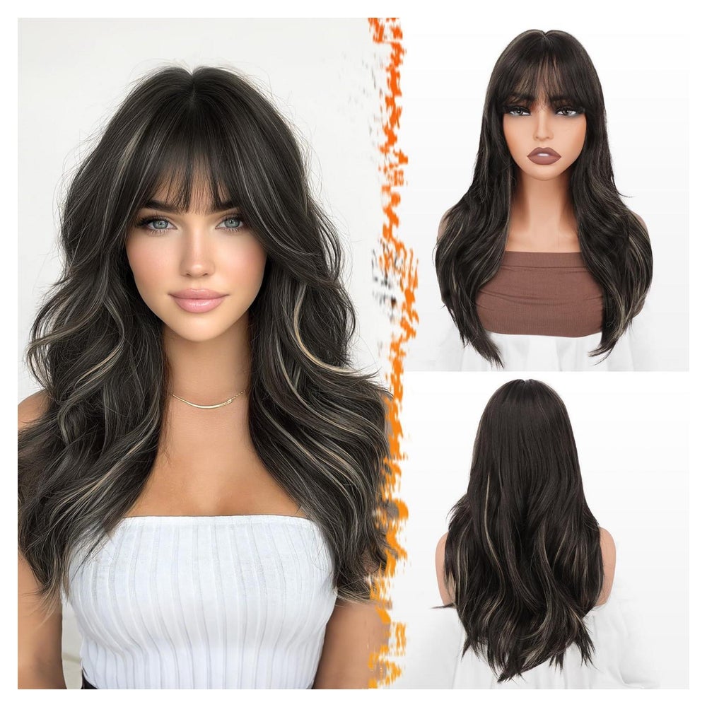 Perücke lang Pony synthetisch gewellt 50cm Braun mit Blond H 1 St