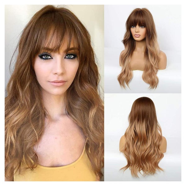 HAIRCUBE Lange Ombre Perücke - Dunkelblond/Braun, wellenförmig, hitzebeständig