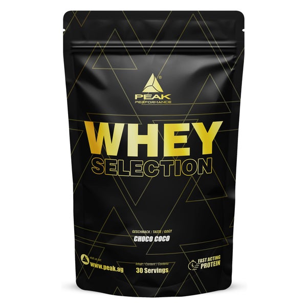 PEAK Whey Selection - 900g - Geschmack Choco Coco I 30 Portionen I für Muskelaufbau I Proteinquelle: Whey Konzentrat, Isolat, Hydrolysat + freies L-Leucin I mit Laktase