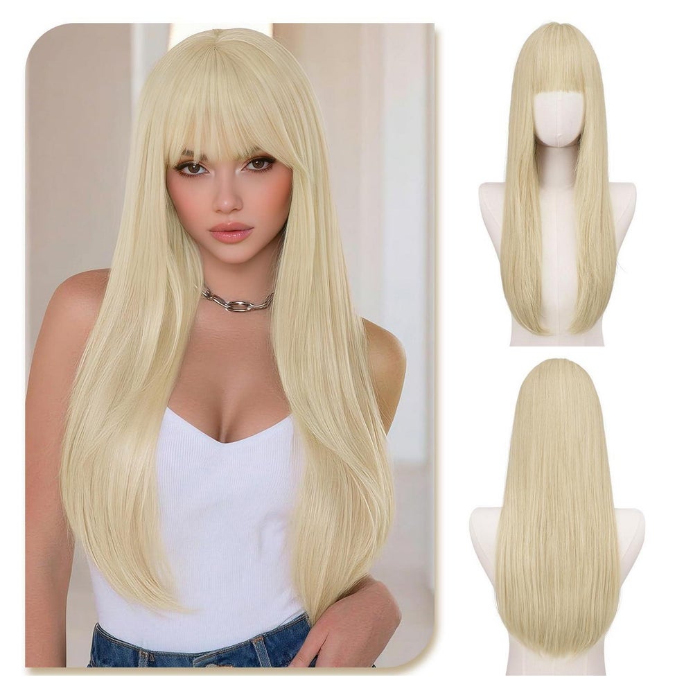 Perücke Damen Pony 60cm glatt Blond mit Weißgoldenen Strähnc 1 St