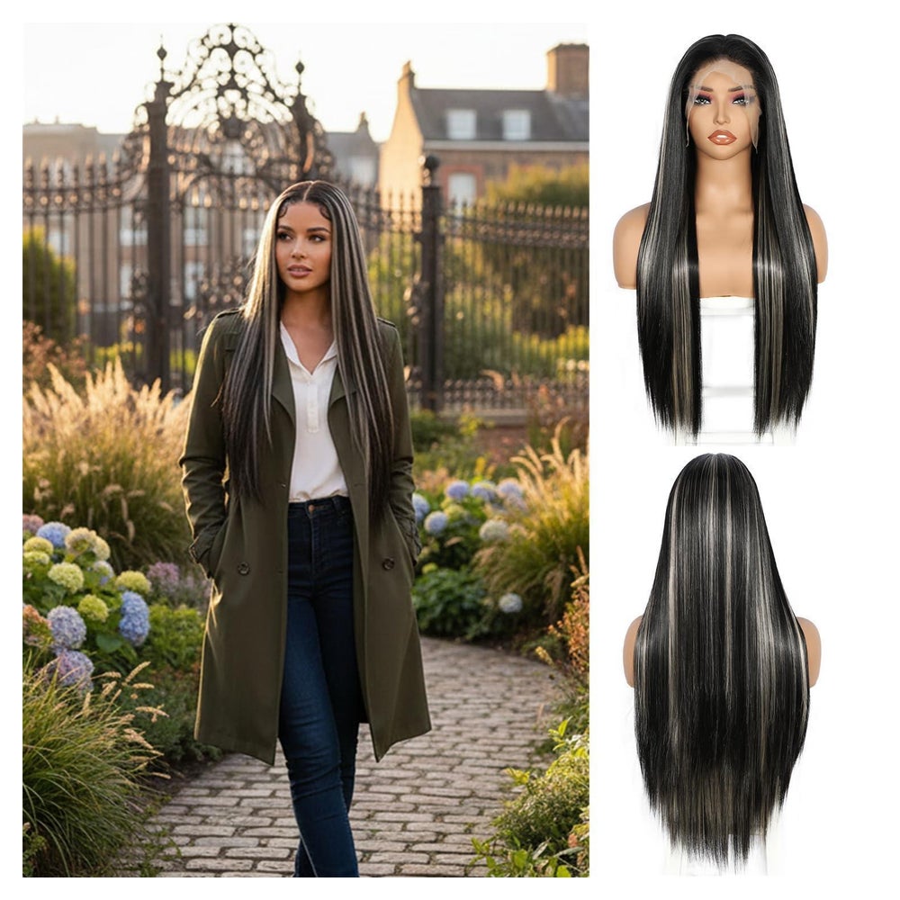 Perücke lange gerade Damen 13x6 Lace Front Schwarz Highlight 1 St