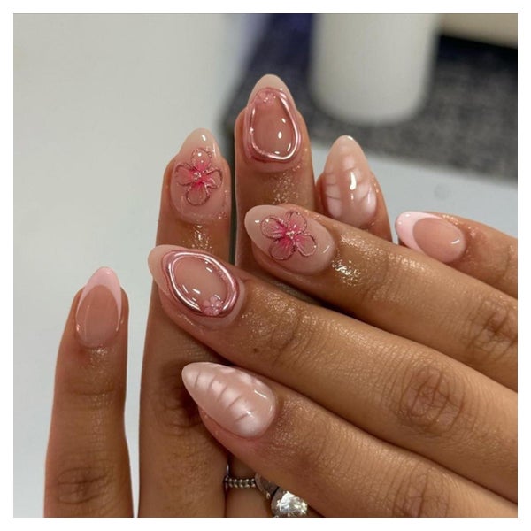 Künstliche Nägel Kurz Almond Rosa French 3D Blumen Glitzer A 1 St