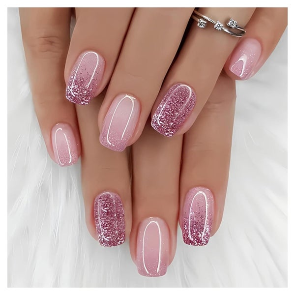 Nägel Press On Kurz Eckig French Pink Acrylnägel 24 Rosa Gli 1 St