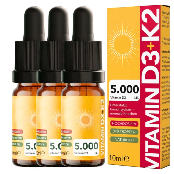 Vitamin D3 K2 Tropfen hochdosiert 5000 IE MK-7 MCT Öl vegan 3er 3 ml