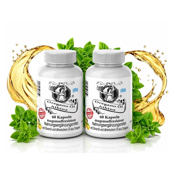 Athina® Oregano Öl Vegan Bio magensaftresistent 2 x 60 Kapseln I 100 mg Athina® Wildes Berg Oregano Öl I Origanum vulgare hirtum aus Griechenland I 80% Carvacrol I Reine & natürliche Zutaten 60 St