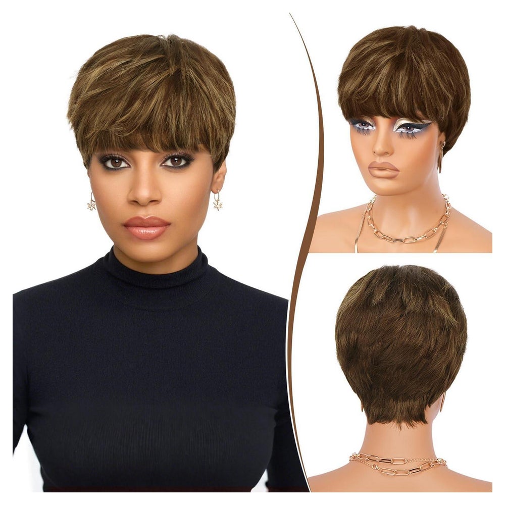 Perücke Pixie Cut Echthaar Kurz 244 4 27# Braun Gemischt Mit 1 St