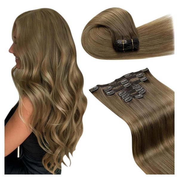 LaaVoo Echthaar Extensions Clip-in 60cm Hellbraun mit Highlights, 135g 7PCS