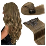 LaaVoo Echthaar Extensions Clip-in 60cm Hellbraun mit Highlights, 135g 7PCS