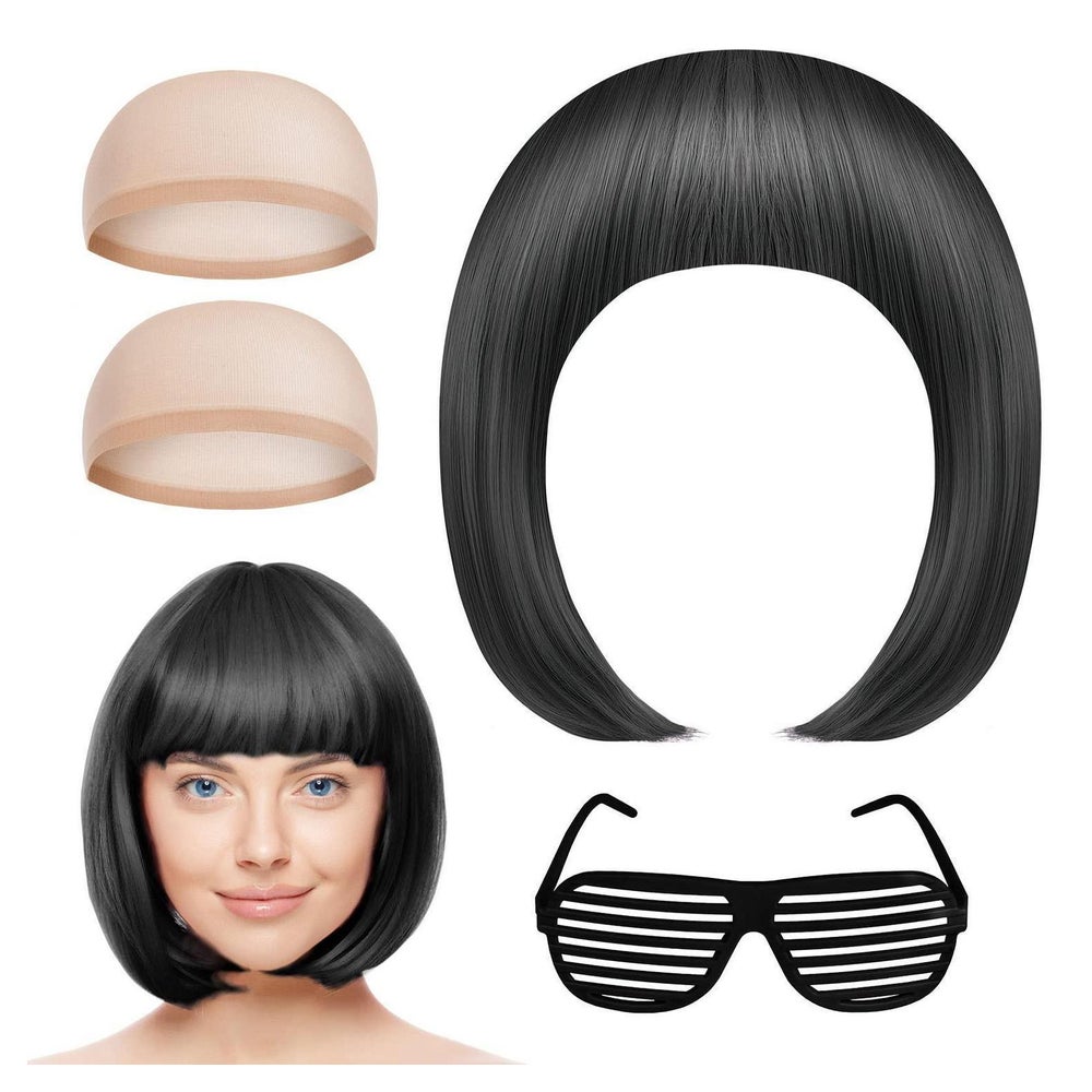 Synthetische Bob Perücke mit Pony und Neonbrille 1 St