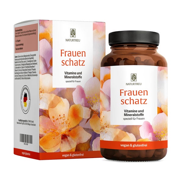 Nährstoffe für Frauen Vitamin B, C, D, K & Eisen, Zink, Selen, Chrom, Mangan, Kupfer - FRAUENSCHATZ - 120 vegane Kapseln - NATURTREU® 81 g