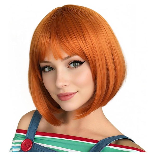 PARXITN Bob Perücke Orange 28cm mit Pony - Synthetikhaar, gewellt, Damen
