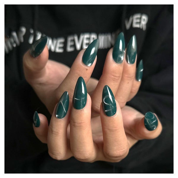 Press On Nails Almond Kurz Cat Eye Dunkelgrün Magnetic CA-A3 1 St