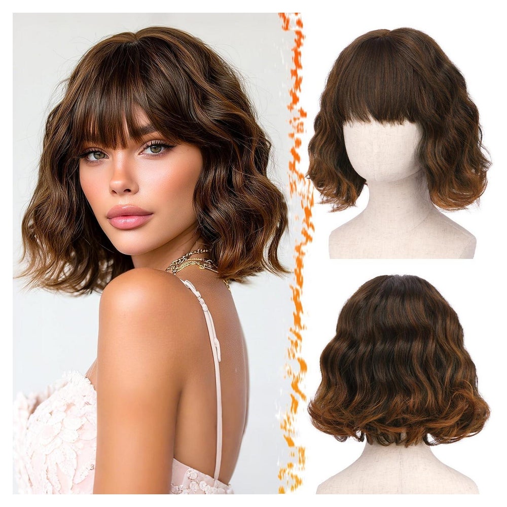 Perücke Kurz Gewellt Pony Synthetisch Auburn Highlight Braun 1 St