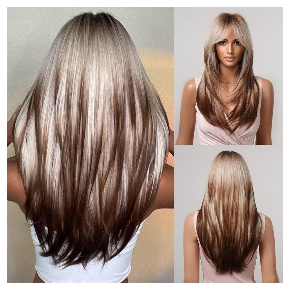 Perücken lange gerade Frauen mischgraues Haar ombre braun bl 1 St