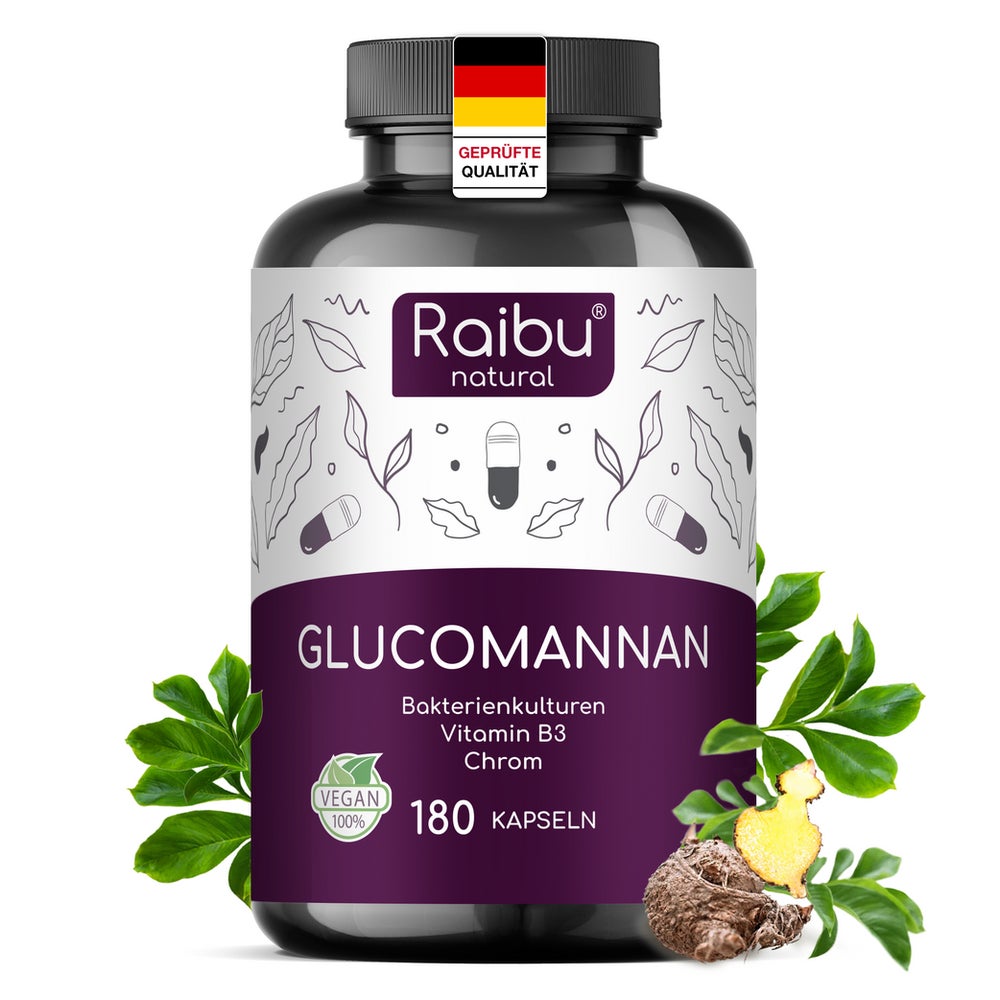 Glucomannan Kapseln Hochdosiert, mit Bakterienkulturen, Chrom & Vit B3 - RAIBU 180 St