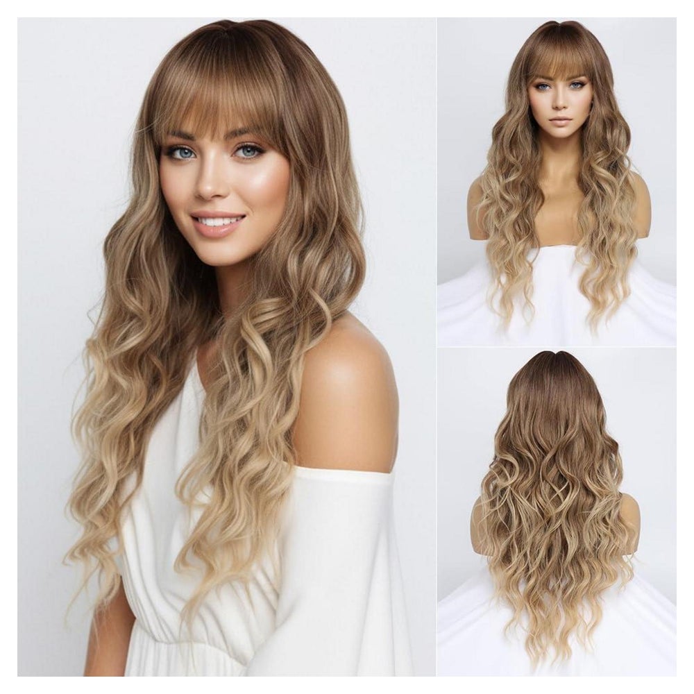 Perücke gewellt blond Locken lang Damen Pony synthetisch Omb 1 St
