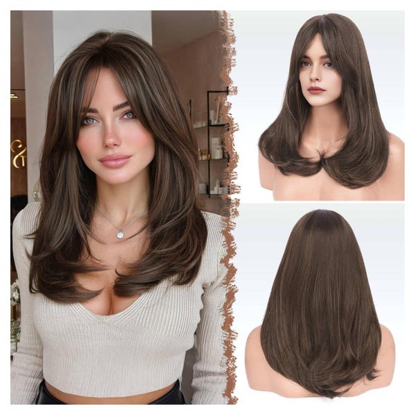 FESHFEN Damen Lang Perücke 45 cm Braun mit Highlights - Synthetik Haar