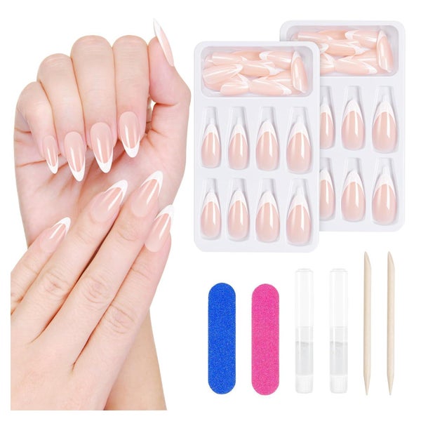 Nagelset Press-on Mandel lang French Tips Pink 48 Teile mit 1 St