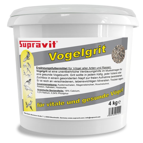 Supravit Vogelgrit  – Grit für Vögel & Geflügel – Mineralgrit mit Calcium für Wellensittiche, Papageien, Nymphensittiche, Tauben & Hühner – Verdauungshilfe & Ergänzungsfutter 4 kg