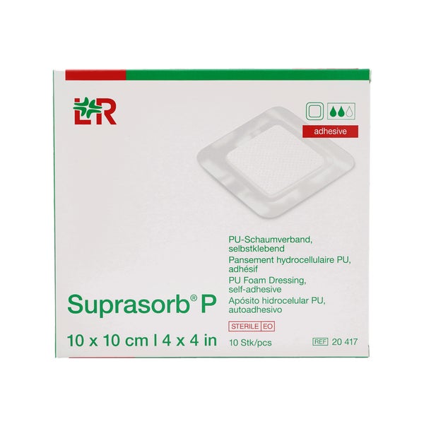 Lohmann & Rauscher Suprasorb P PU-Schaumverband, steril, selbstklebend, anatomisch geformt - 1 Packung = 10 Stück, Maße: 10 x 10 cm 10 St