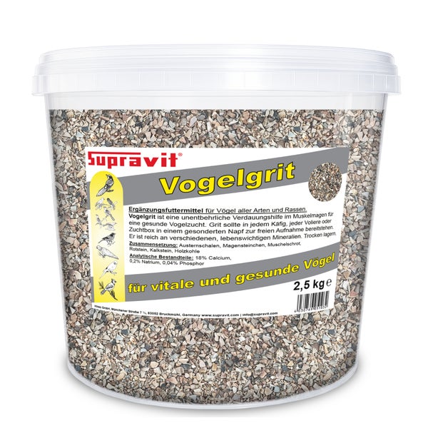 Supravit Vogelgrit  – Grit für Vögel & Geflügel – Mineralgrit mit Calcium für Wellensittiche, Papageien, Nymphensittiche, Tauben & Hühner – Verdauungshilfe & Ergänzungsfutter 2,5 kg