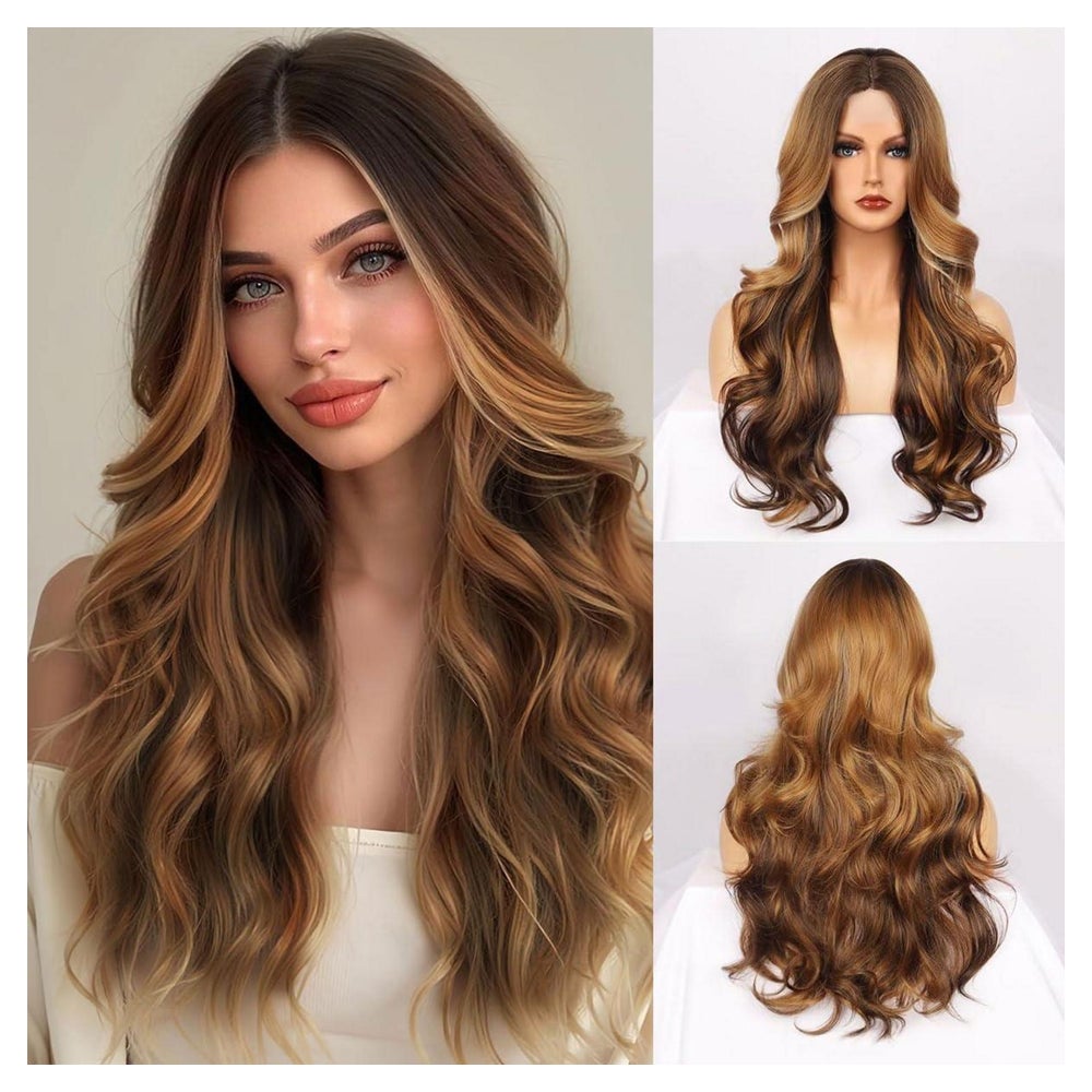 Perücke lang lockig hitzebeständig Faser Damen braun Brown w 1 St