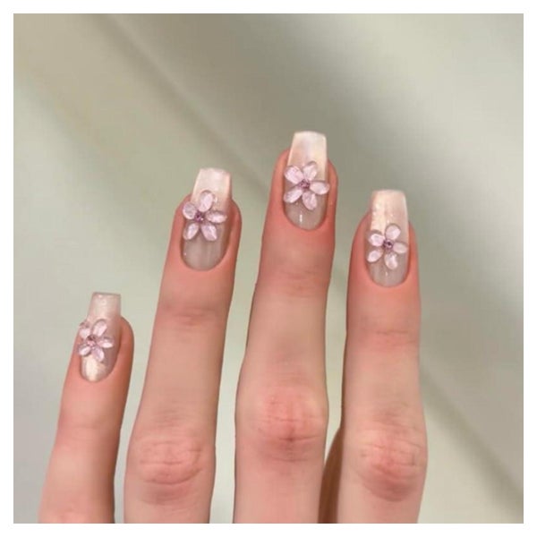 Press On Nails Mittellang Ballerina Nude 3D Blumen Glitzer A 1 St