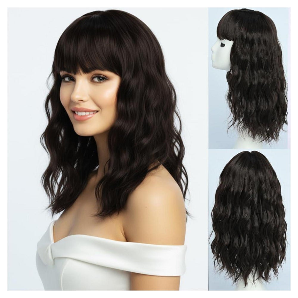 Perücke Dunkelbraun Locken Mittellang Pony Damen Dunkelbraun 1 St