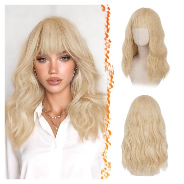 BARSDAR Licht Blond Gewellt Perücke mit Pony, Mittel Lange Damen Synthetik, 46cm