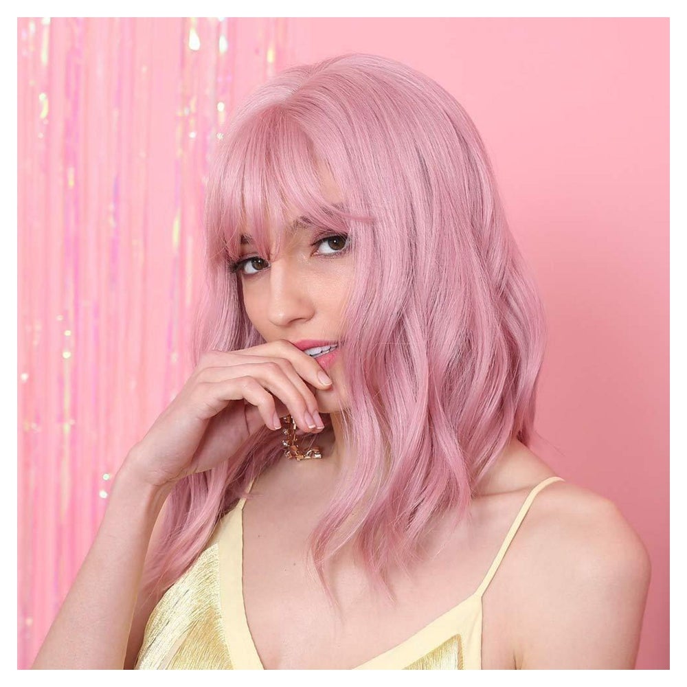 Perücke Bob kurz gelockt Damen synthetisch Pony pink 1 St