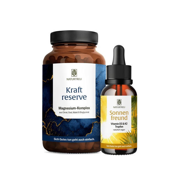 Basispaket: Vitamin D3 + K2 (2.000 I.E.) & Magnesium in einem veganen Bundle - KRAFTRESERVE & SONNENFREUND - NATURTREU® 209.9 g