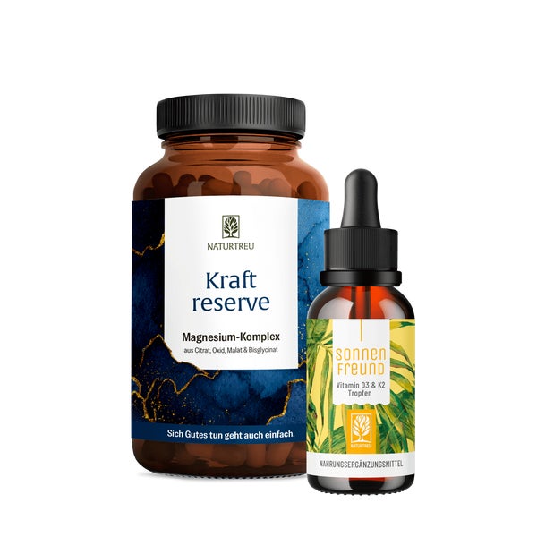 Basispaket: Vitamin D3 + K2 (2.000 I.E.) & Magnesium in einem veganen Bundle - KRAFTRESERVE & SONNENFREUND - NATURTREU® 209 g