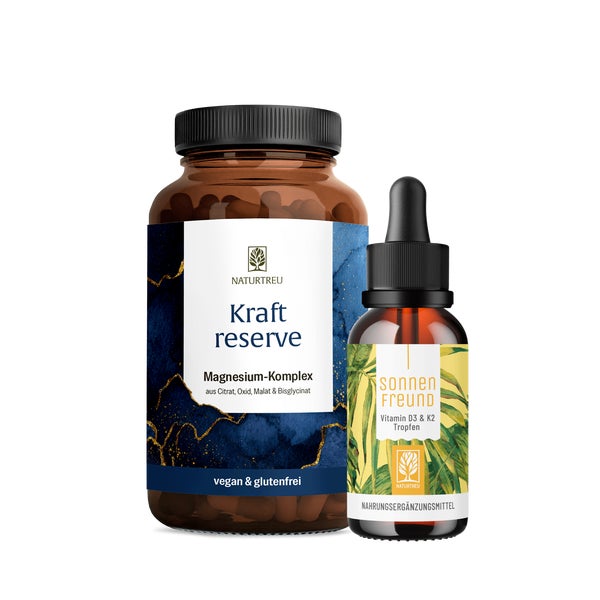 Basispaket: Vitamin D3 + K2 (2.000 I.E.) & Magnesium in einem veganen Bundle - KRAFTRESERVE & SONNENFREUND - NATURTREU® 209.9 g