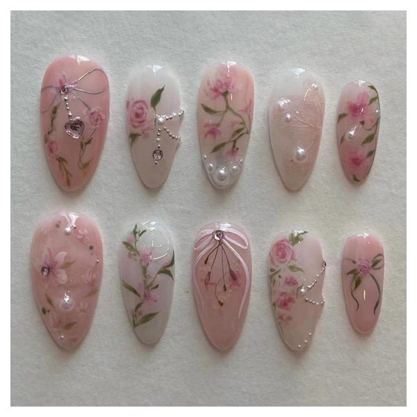 Fingernägel Kurz Almond Nude Rosa Schleife Perle AKC9 1 St