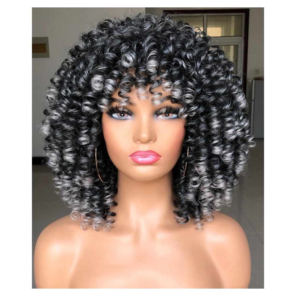 Perücke Afro kurz lockig Pony Kunsthaar klebefrei Ombre Grau 1 St