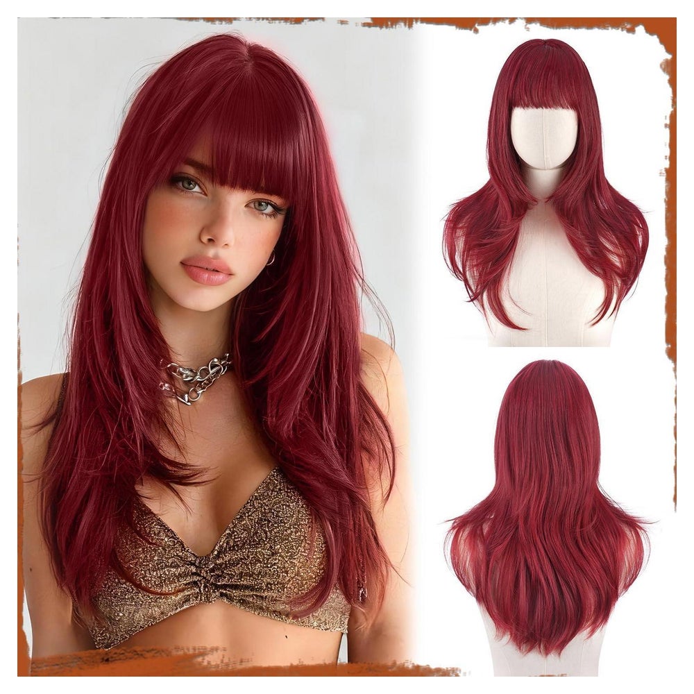 Perücke Pony Lang Synthetik 60cm Wellig Rot 1 St