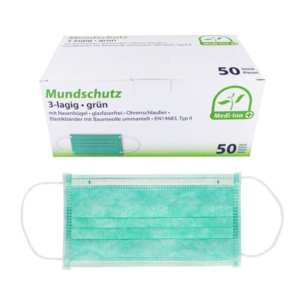 Medi-Inn Mundschutz Atemschutz mit Elastikbändern Typ II 3-lagig grün 500 St