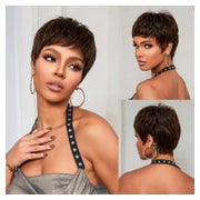 PORSMEER Pixie Cut Echthaar-Perücke mit Pony, Kurz, Dunkelbraun, Geschichtet