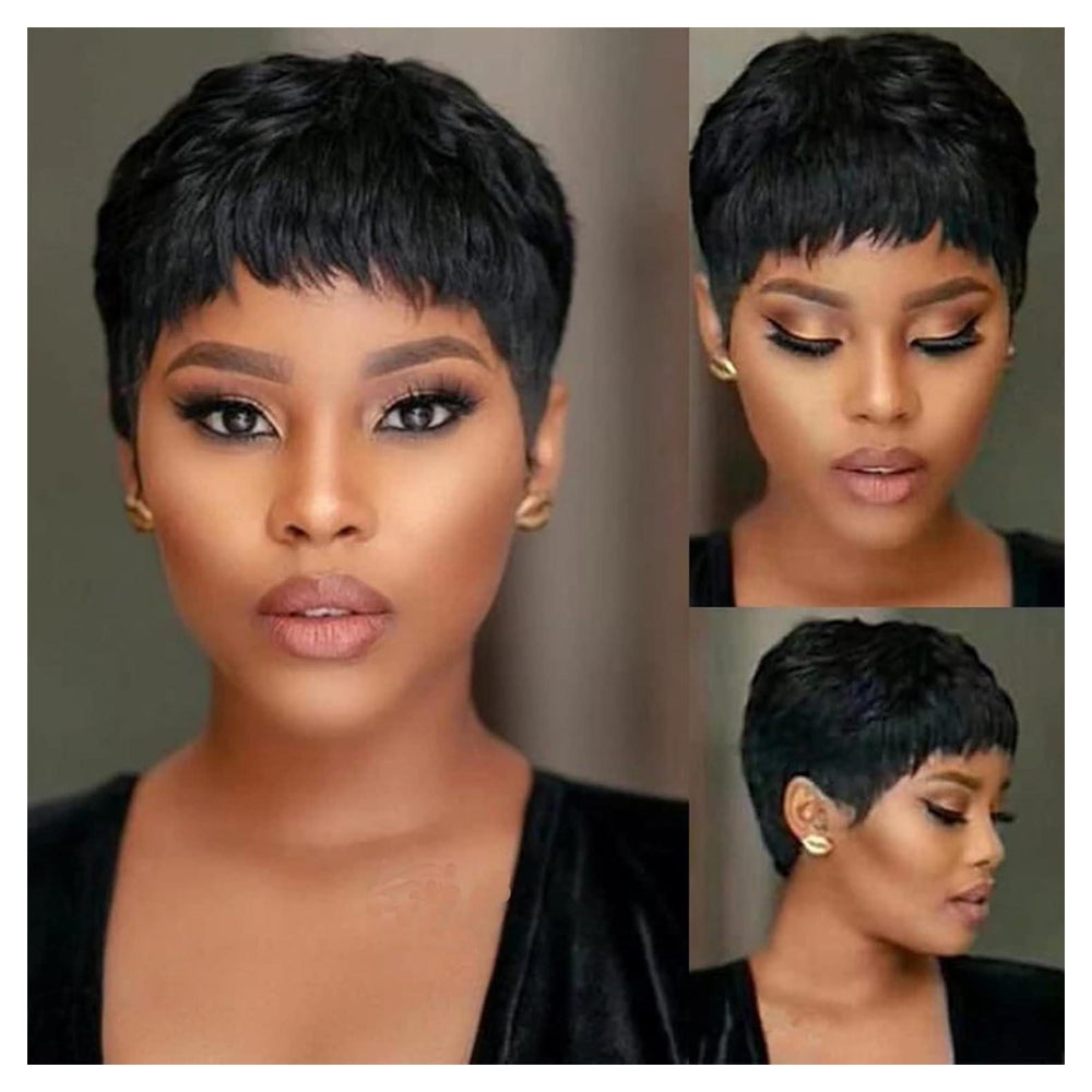 Echthaarperücke Pixie Cut Bob Kleberlos Pony Schwarz 1 St