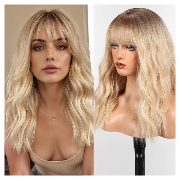 Perücke Fransen Synthetik Wellen Frauen Blond mit Strähnchen 1 St