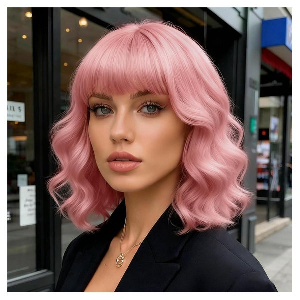 PARXITN Kurze Bob Perücke Damen mit Pony - Rosa, Gewellt/Lockig, Kunstfaser