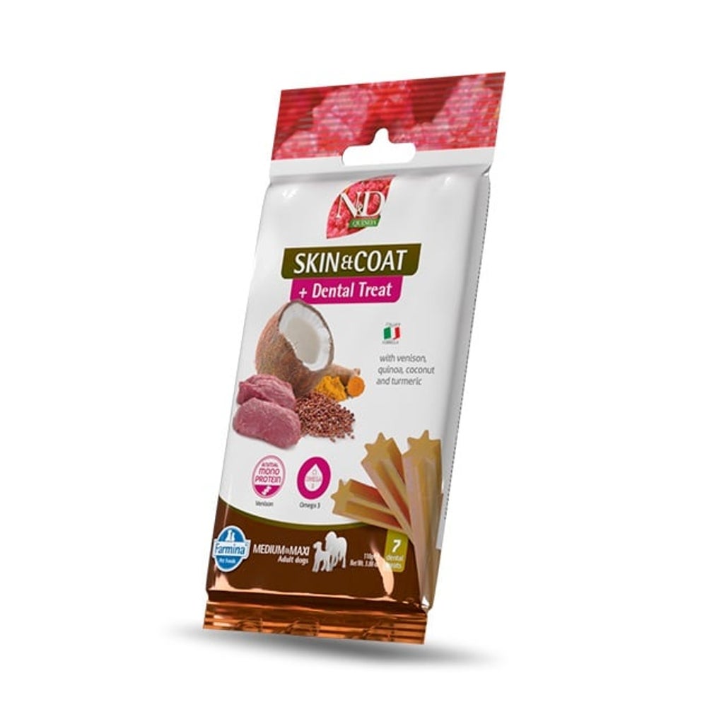 FARMINA N&D Quinoa Dental Treat Skin Coat Venison Medium/Maxi (7 pcs) dentale Leckerlis für mittelgroße und große Hunde 0,1 kg