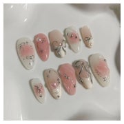 24 Stück Pink Press on Nails mit 3D Silber Schleife, Weißem 1 St